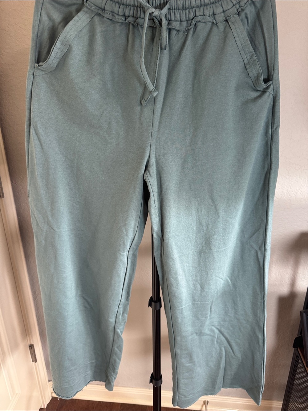 Zenana Sage Green woman's raw edge hem with Drawstring wide leg pants.